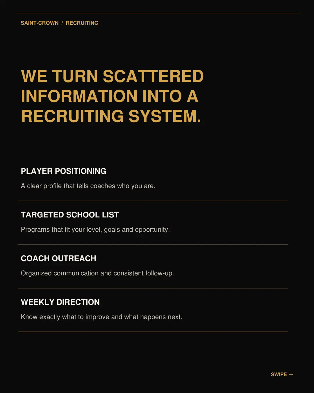 Saint-Crown player positioning, school list, outreach and weekly direction